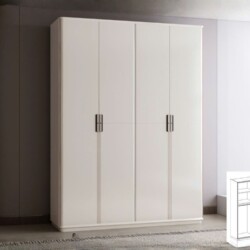 Tủ áo 4 cánh hiện đại TU6801-4 màu trắng tinh tế, được chụp chính diện trong không gian phòng ngủ tối giản. Tủ có thiết kế…