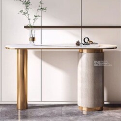 Kệ trang trí 1m2 KC6 được chụp chính diện, cận cảnh, nổi bật với mặt đá hình oval màu trắng vân nhẹ. Kệ có một chân trụ hì…