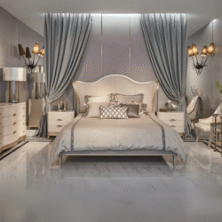 Giường ngủ GI803-18 phong cách Mỹ đặt trong không gian phòng ngủ sang trọng, hiện đại. Giường bọc da sinh thái màu kem, đầ…