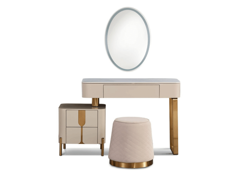 Bộ bàn trang điểm BP8808 phong cách luxury được chụp chính diện trên nền trắng, nổi bật với bàn trang điểm khung gỗ màu ke…