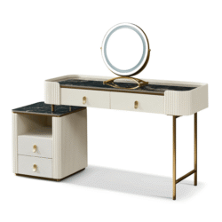 Bàn trang điểm BPQC120 được chụp góc nghiêng nhẹ trên nền trắng, cho thấy rõ hơn cấu trúc và chi tiết. Bàn có mặt đá vân đ…