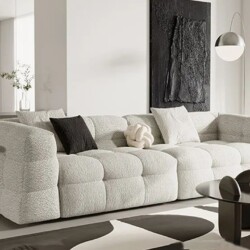 Sofa băng SFA41-4 màu trắng ngà, bọc vải lông cừu mềm mại, được chụp từ góc hơi chếch phía trước. Ghế có thiết kế hiện đại…