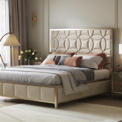 Giường ngủ 1m8 phong cách Mỹ GIRC011-18 được chụp chính diện trong một phòng ngủ sang trọng. Giường có đầu giường bọc da n…