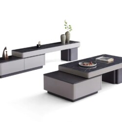 Chụp từ góc hơi cao, bộ bàn trà và kệ tivi đa năng phong cách hiện đại trên nền trắng. Bàn trà hình chữ nhật với mặt đá vi…