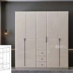 Tủ quần áo 5 cánh hiện đại BA-5-5 được chụp chính diện trong không gian phòng ngủ tối giản. Tủ có màu kem nhạt bóng, với b…