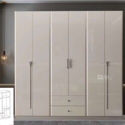 Tủ quần áo 6 cánh hiện đại, chụp chính diện trong không gian phòng ngủ tối giản. Tủ có bề mặt phẳng, màu be sáng bóng, với…