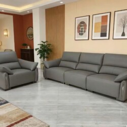 Toàn cảnh bộ sofa băng điện SF-B8179-13 màu xám đậm, bao gồm một ghế đơn và một băng ba chỗ, được chụp chính diện trong tr…
