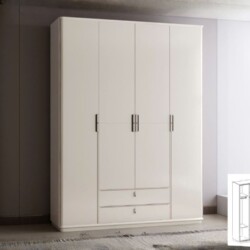 Ảnh chụp chính diện tủ áo 4 cánh hiện đại TU6814-4 màu trắng kem, đặt trong phòng ngủ có tường xám và cửa sổ lớn. Tủ có th…