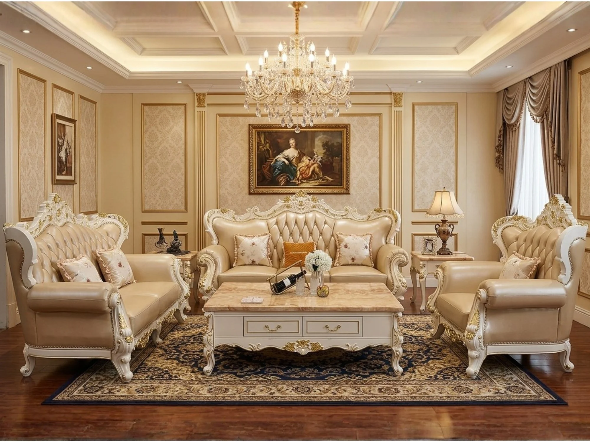 Toàn cảnh bộ sofa tân cổ điển SB921-1 gồm băng 3, băng 2, băng 1 và bàn trà, bàn góc, đặt trong phòng khách sang trọng với…