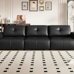 Sofa băng 3 chỗ màu đen, chụp chính diện trong không gian phòng khách hiện đại. Ghế có thiết kế tối giản với đệm ngồi và t…