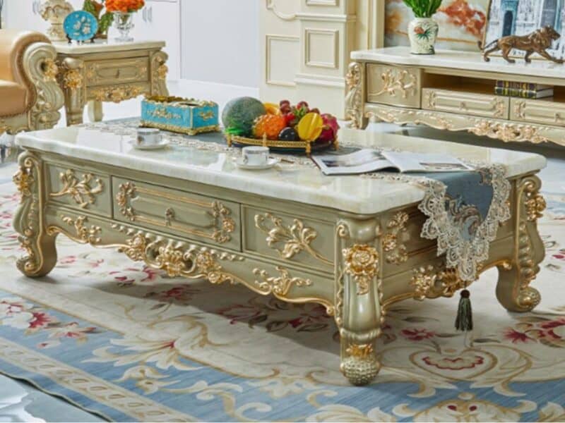 Bàn Trà Tân Cổ Điển 1m5 BTA968-15 Họa Tiết Dát Vàng