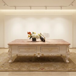 Bàn trà Rosavelle BT007-15 được trưng bày trong không gian showroom rộng rãi của Nội Thất Gia Khánh, với ánh sáng tập trun…