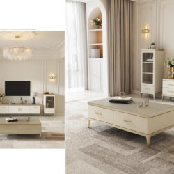 Bàn trà BT618022-14 phong cách Mỹ được chụp từ góc nhìn trực diện, hơi chếch xuống, làm nổi bật mặt bàn rộng rãi và các ch…