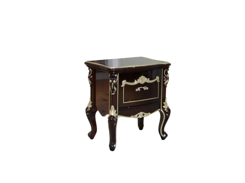 Tủ đầu giường tân cổ điển TA8801G được chụp chính diện trên nền trắng, nổi bật với màu nâu nho bóng bẩy. Tủ có một ngăn ké…
