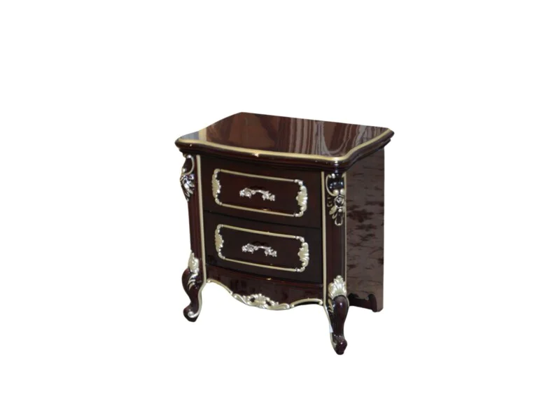 Tủ đầu giường tân cổ điển TA8802G được chụp góc 3/4 trên nền trắng, làm nổi bật kiểu dáng sang trọng. Tủ có hai ngăn kéo…