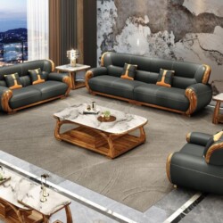 Toàn cảnh bộ sofa gỗ Mun SBF311-124 trong không gian phòng khách hiện đại, sang trọng. Bộ sofa gồm một băng dài, một băng…