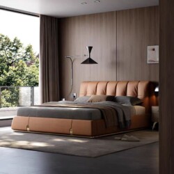 Giường ngủ bọc da cao cấp GI5367-18 được chụp từ góc chếch bên phải, cho thấy toàn bộ giường và không gian phòng ngủ hiện…