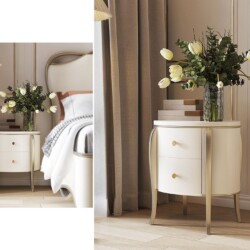 Tủ đầu giường TACTG002 được chụp cận cảnh trong không gian phòng ngủ sang trọng, nổi bật với thiết kế hình bầu dục mềm mại…