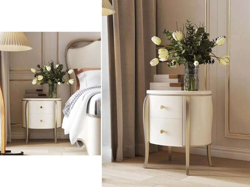 Tủ đầu giường TACTG002 được chụp cận cảnh trong không gian phòng ngủ sang trọng, nổi bật với thiết kế hình bầu dục mềm mại…