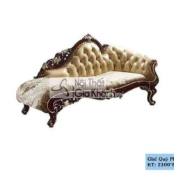 Ghế quý phi tân cổ điển QP8801G chụp từ góc nghiêng bên phải, nổi bật với phần đệm ngồi và tựa lưng bọc da bò tự nhiên màu…