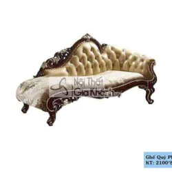 Ghế quý phi tân cổ điển QP8801G chụp từ góc nghiêng bên phải, nổi bật với phần đệm ngồi và tựa lưng bọc da bò tự nhiên màu…