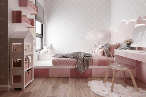 Phòng ngủ xinh xắn cùng mẫu giường màu hồng