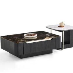 Cặp bàn trà đôi hiện đại BT8609 được chụp từ góc chếch phía trước, nổi bật trên nền trắng. Bàn lớn hình chữ nhật thấp với…