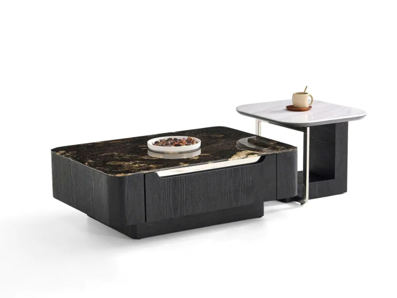Cặp bàn trà đôi hiện đại BT8609 được chụp từ góc chếch phía trước, nổi bật trên nền trắng. Bàn lớn hình chữ nhật thấp với…