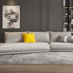 Sofa băng SFA12 hiện đại màu xám nhạt, chụp chính diện trong phòng khách sang trọng. Sofa thiết kế tối giản với đệm ngồi v…
