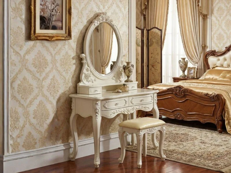 Bàn trang điểm tân cổ điển BDC509 màu trắng ngọc trai đặt trong phòng ngủ sang trọng, bên cạnh giường ngủ lớn. Bàn có gươn…