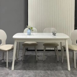 Bộ bàn ăn 1m4 mặt đá PL2316-14 được chụp chính diện trong không gian phòng ăn hiện đại. Bàn ăn hình chữ nhật bo tròn góc…