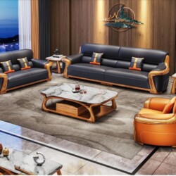 Toàn cảnh bộ sofa gỗ mun SBF623-124 màu đen và cam, gồm một băng dài, một băng đôi, một ghế đơn, bàn trà mặt đá và hai bàn…