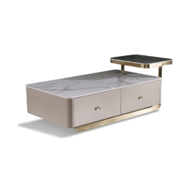Bàn trà hình chữ nhật được chụp từ góc 3/4 phía trước bên phải, trên nền trắng với bóng đổ nhẹ. Bàn có hai ngăn kéo màu ke…