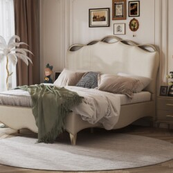 Giường ngủ 1m8 phong cách Mỹ, mã GI618003-18, được chụp chính diện trong một phòng ngủ sang trọng. Đầu giường bọc da nhân…