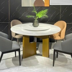 Bàn ăn tròn BAQ605 phong cách hiện đại, chụp chính diện, nổi bật mặt đá cẩm thạch tự nhiên màu trắng vân xám sang trọng cù…