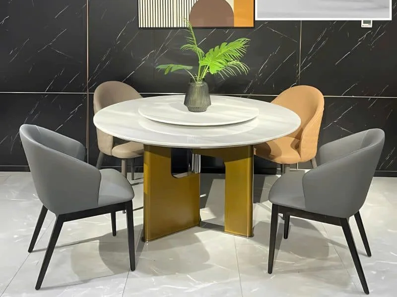 Bàn ăn tròn BAQ605 phong cách hiện đại, chụp chính diện, nổi bật mặt đá cẩm thạch tự nhiên màu trắng vân xám sang trọng cù…