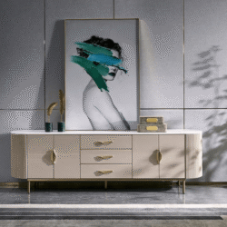 Kệ tivi mặt đá luxury KTW1211 được chụp chính diện, đặt trong không gian phòng khách hoặc sảnh sang trọng. Kệ có thân màu…