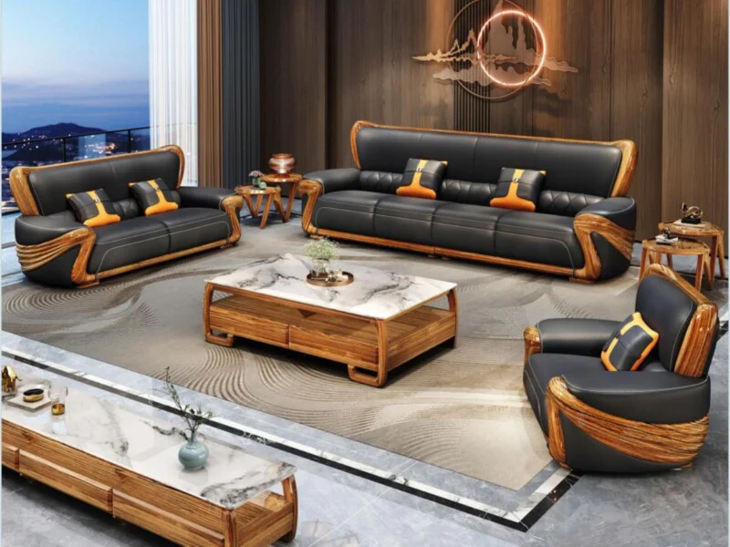 Toàn cảnh bộ sofa phòng khách gỗ mun SBF532-125 phong cách hiện đại, đặt trong không gian phòng khách sang trọng. Bộ sản p…