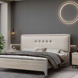 Giường ngủ hiện đại BA-8-1 được chụp từ góc hơi chếch bên trái, thể hiện toàn bộ giường và táp đầu giường. Giường có khung…