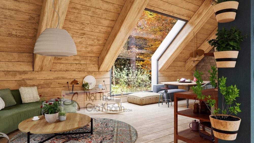 Cách điệu mái chéo bằng gỗ cho thiết kế phòng khách mộc mạc