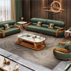 Toàn cảnh bộ sofa gỗ Mun nhập khẩu SBF1903-124 trong phòng khách hiện đại, sang trọng. Bộ sản phẩm gồm ba băng sofa và một…