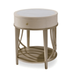 Bàn trà góc BGM101 hình tròn, chụp chính diện trên nền trắng. Mặt đá trắng vân nhẹ, thân gỗ sồi màu be nhạt, có ngăn kéo n…