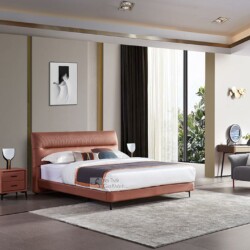 Giường ngủ bọc vải GIC020-18 chụp chính diện trong phòng ngủ hiện đại. Giường có đầu giường cao, bọc vải kỹ thuật màu cam…