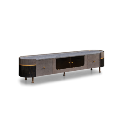 Kệ tivi Luxury Sang Trọng KT8826-20 được chụp từ góc hơi chéo, cho thấy rõ mặt đá màu xám vân nhẹ và phần thân gỗ uốn cong…