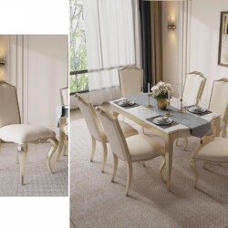 Bộ bàn ăn 1m6 phong cách tân cổ điển với 6 ghế, được chụp từ góc chếch, thể hiện toàn bộ không gian phòng ăn sang trọng. B…