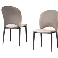 Cặp ghế ăn hiện đại GA809-1 màu be nhạt, chụp từ góc hơi nghiêng, một ghế nhìn từ phía trước và một ghế nhìn từ phía sau…