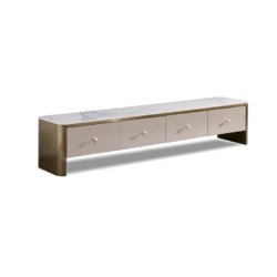 Kệ tivi luxury KT8812-20 được chụp từ góc nghiêng, làm nổi bật mặt đá vân trắng tinh tế và phần khung thép không gỉ màu và…