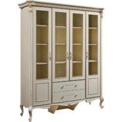 Tủ sách 4 cánh tân cổ điển H9801-4 được chụp chính diện trên nền trắng, nổi bật với màu trắng kem trang nhã và các chi tiế…