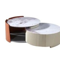 Bàn trà đôi PL2333A phong cách hiện đại, gồm hai bàn tròn lồng ghép linh hoạt, chụp trên nền trắng. Bàn lớn có thân màu ke…