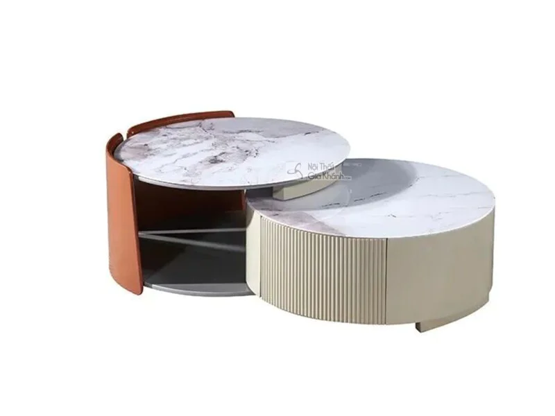 Bàn trà đôi PL2333A phong cách hiện đại, gồm hai bàn tròn lồng ghép linh hoạt, chụp trên nền trắng. Bàn lớn có thân màu ke…